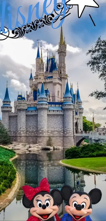 Disney castle with Mickey and Minnie in a magical landscape.