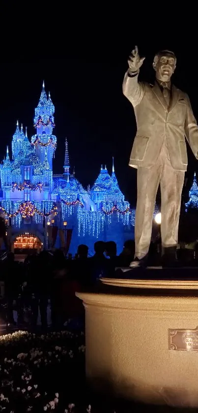 Magical night scene with castle and iconic statues illuminated beautifully.