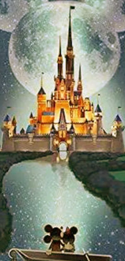 Disney-inspired castle with Mickey moon and couple on boat, under starry night.