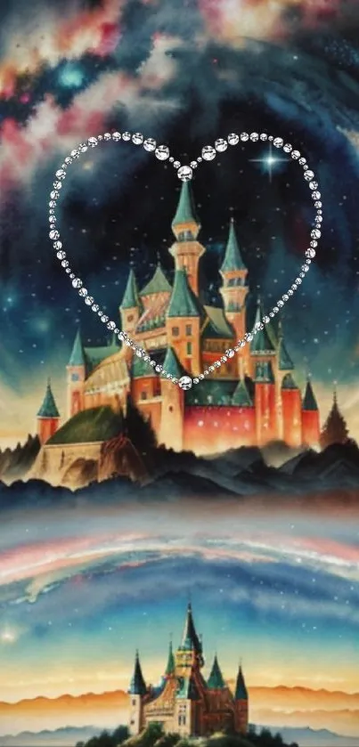 A magical castle beneath a cosmic, starry night sky with a heart outline.