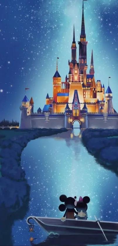 Magical castle reflecting under a starry night sky with two characters in a boat.