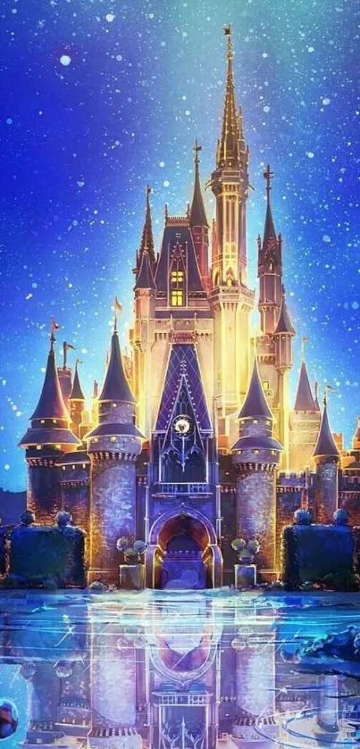 Enchanting castle under a starry night sky.