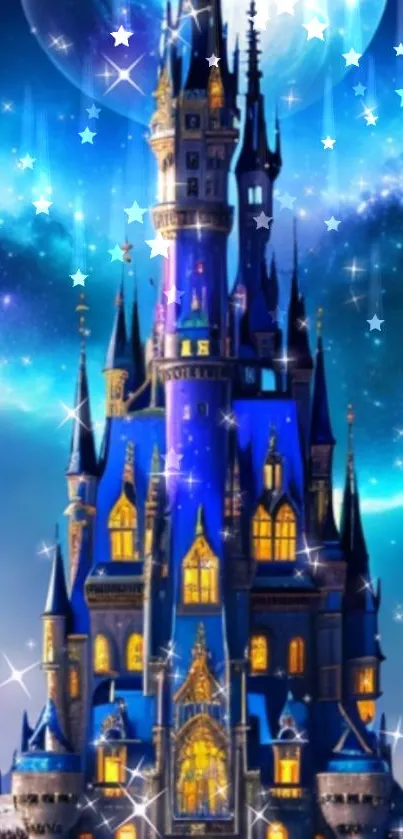 Magical blue castle under a starry night sky.