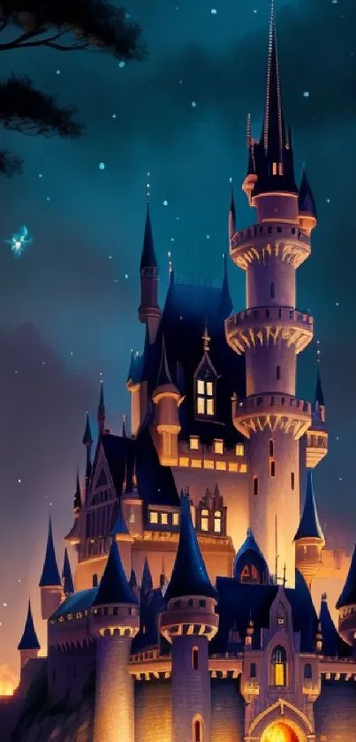 Magical castle illuminated at night with a mystical, enchanting atmosphere.