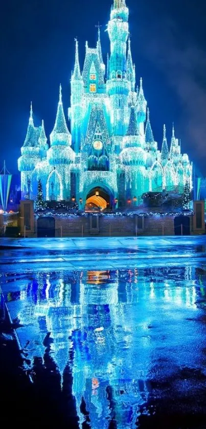 Luminous blue castle reflecting in water at night.