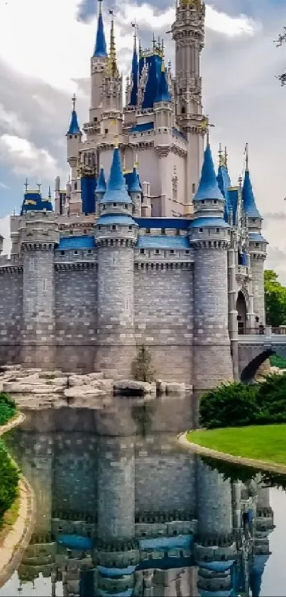 Majestic castle with blue spires reflected in a pond.