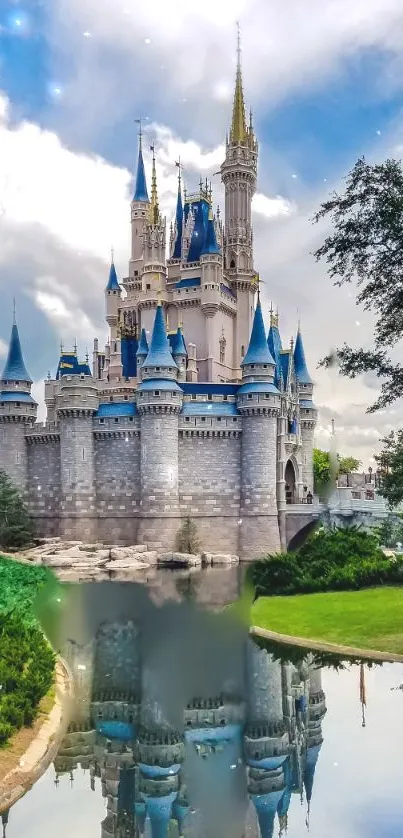 Fairytale castle with reflection in water, set against a blue sky and greenery.