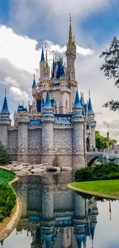 Majestic castle reflected on water under blue sky.