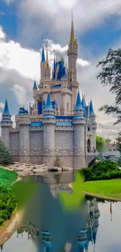 Majestic castle with towers reflected in a calm pond under a cloudy sky.