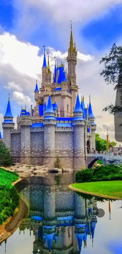 Enchanting castle reflected in water with blue sky.