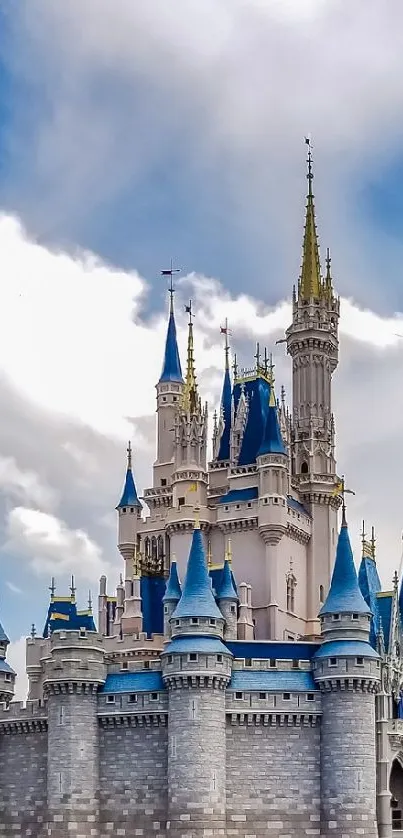 Majestic castle with reflection in serene water, under a vibrant blue sky.