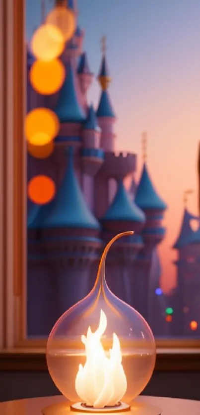 Magical castle view with glowing lamp and sunset colors in background.