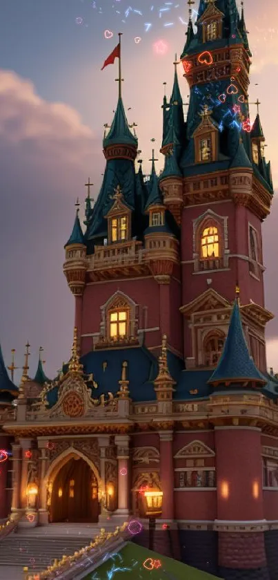 Fairy tale castle under a serene evening sky.