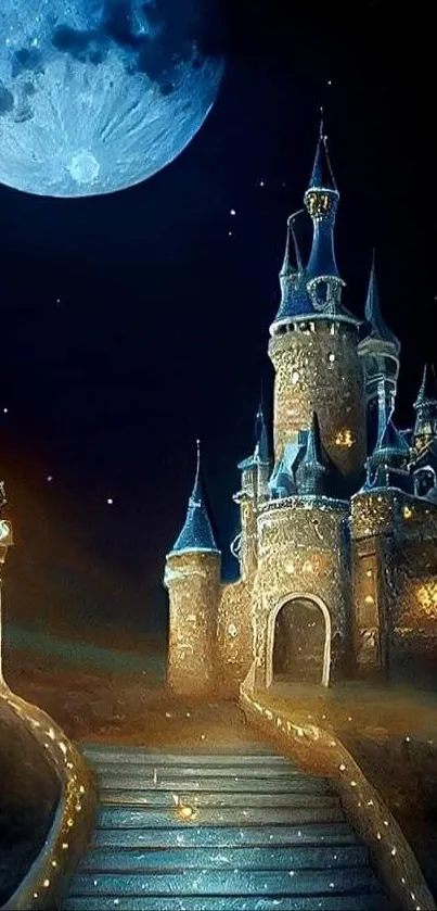 Magical castle under the glow of a full moon in a fantasy night scene.