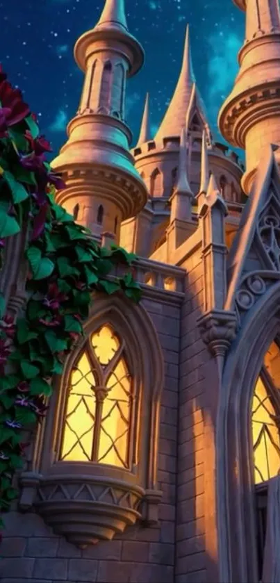 Enchanted castle with starry night sky.