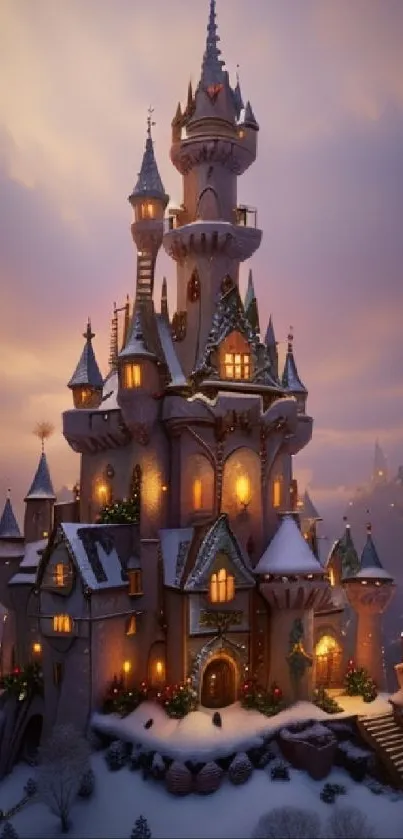 Magical winter castle with glowing lights and snow-covered rooftops.