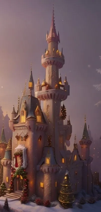 Fairytale castle surrounded by snow and trees with a magical winter atmosphere.