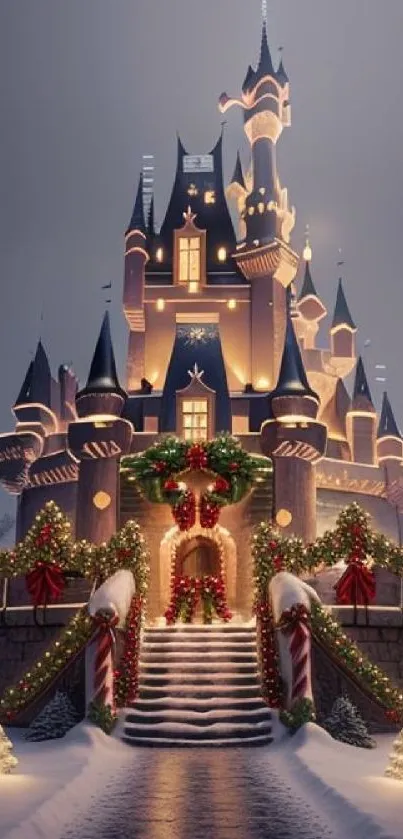 Magical winter castle with festive lights.