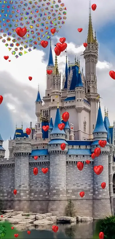 Fairy tale castle with red heart balloons floating around.