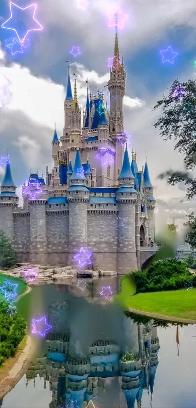 Fairytale castle with neon stars and blue turrets under a cloudy sky.