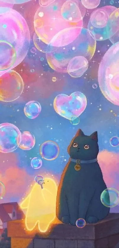 Magical cat and ghost in bubble-filled sky wallpaper.