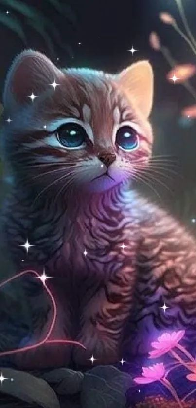 A cute kitten sits surrounded by glowing flowers at night.