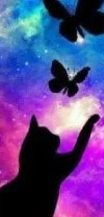 Cat reaching for butterflies in galaxy sky wallpaper.