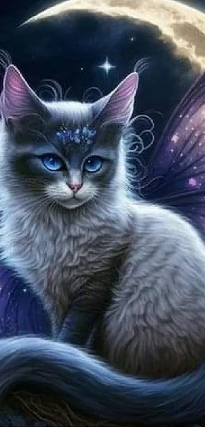 Fantasy cat with butterfly wings under a moonlit sky.