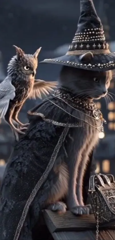Cat and owl in magical night cityscape with witch's hat.