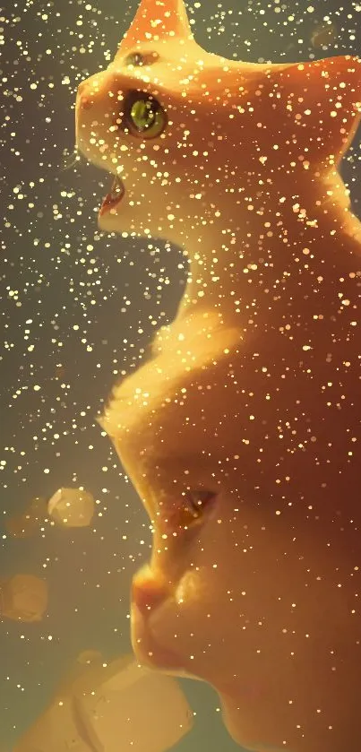 Magical cat in golden glow with sparkling particles in an artistic wallpaper.