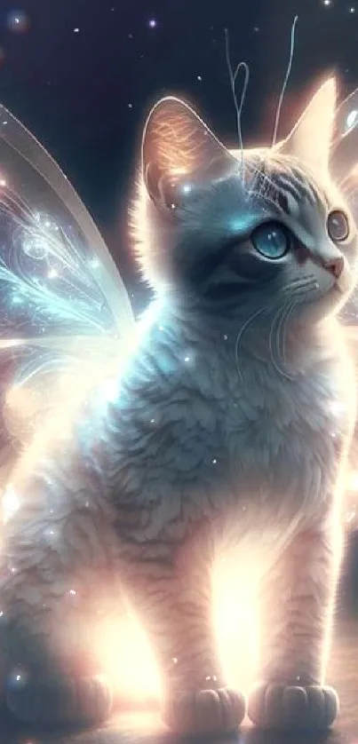 A whimsical cat with glowing butterfly wings set against a dark, starry background.