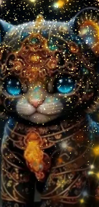 Elegant fantasy cat with blue eyes and gold details in mystical art wallpaper.