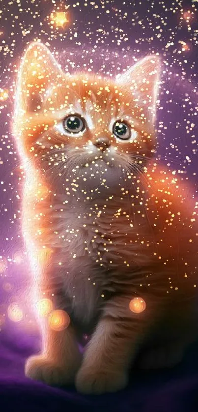 Enchanted glowing kitten with stars and purple background.