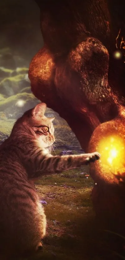 A cat touches a glowing orb in a mystical forest.