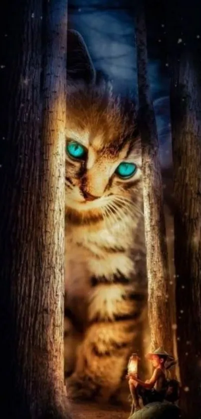 Giant cat with blue eyes in mystical forest wallpaper.