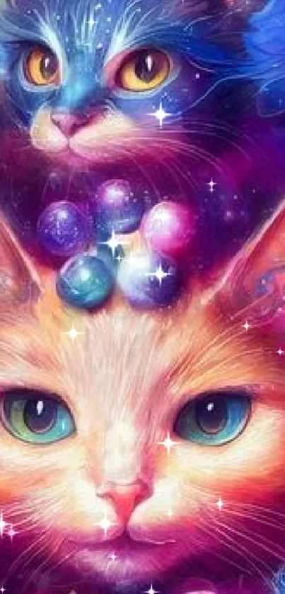 Colorful cosmic cats in a galaxy-themed wallpaper with vibrant purple hues.