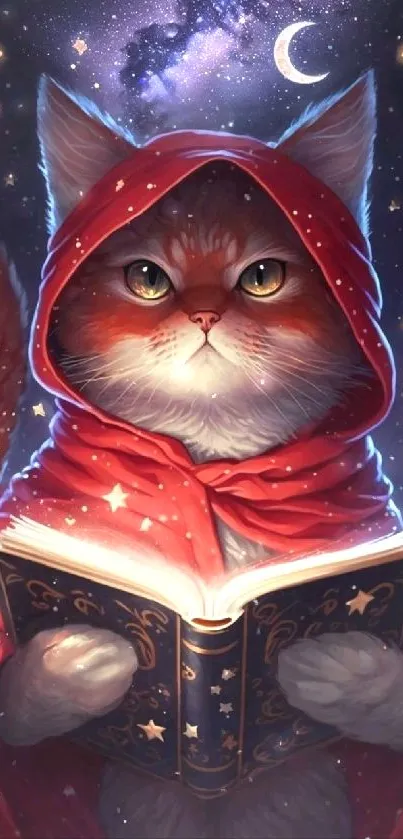 A mystical cat in a red cloak reading a book under a starry sky.