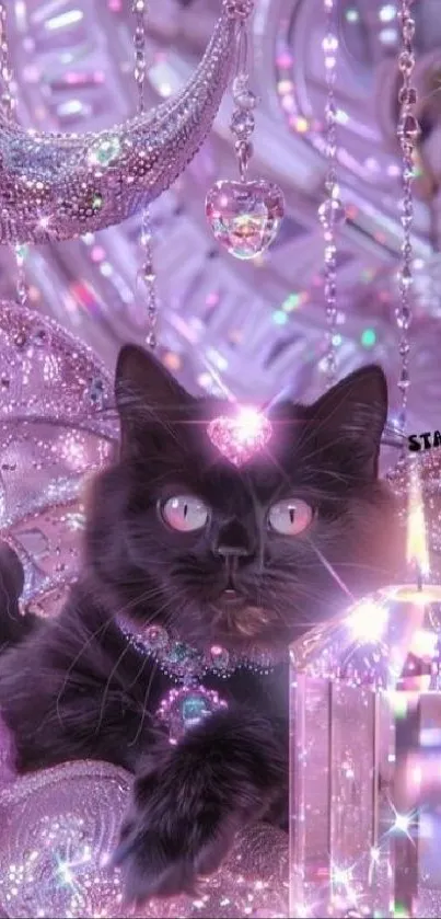 Enchanting black cat with sparkling jewels in a fantasy setting