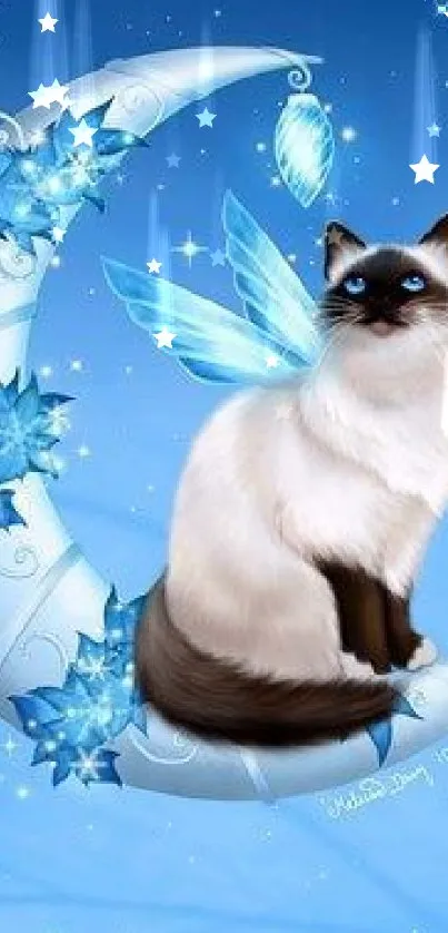 A fantasy cat with wings sits on a crescent moon among stars and blue leaves.