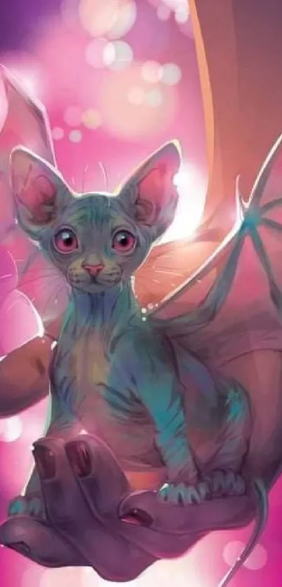 Fantasy cat with wings on hand in pink hues wallpaper.