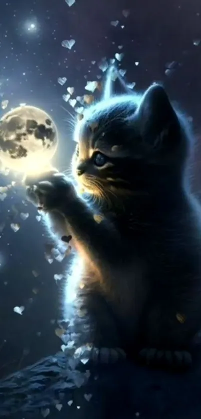 Cute kitten gazing at a glowing moon with magical hearts in the night sky.