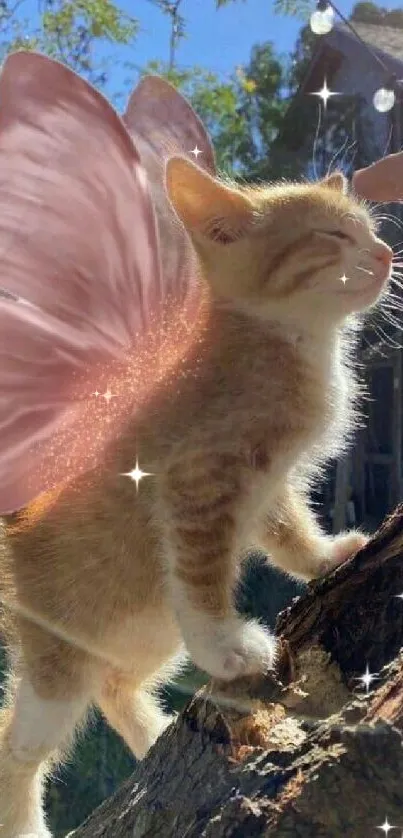 Kitten with pink fairy wings basking in sunlight.