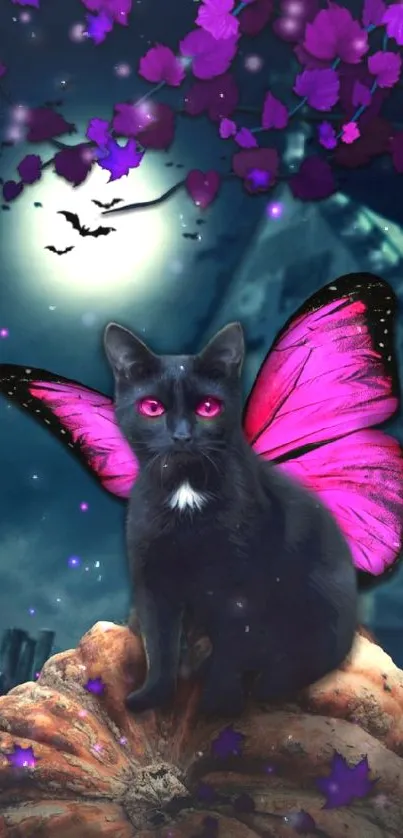 Black cat with pink wings under a purple night sky.