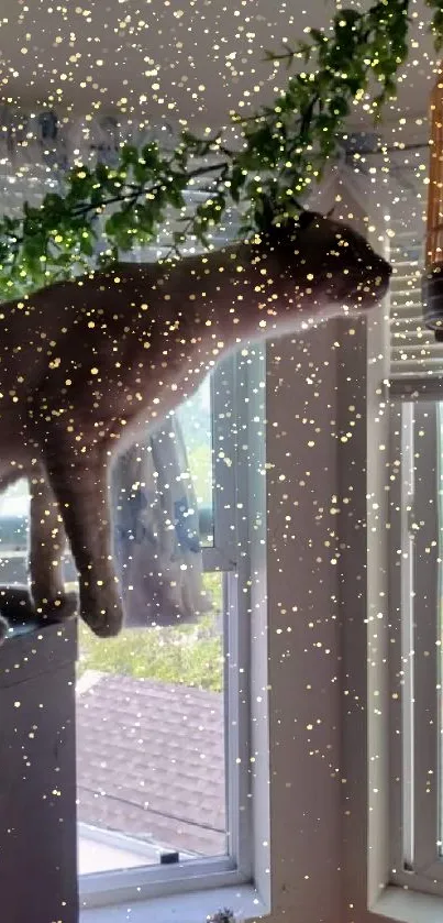 A magical cat with sparkles on a windowsill wallpaper.