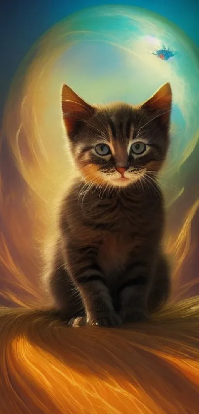 Magical kitten with glowing background in a fantasy setting for mobile wallpaper.