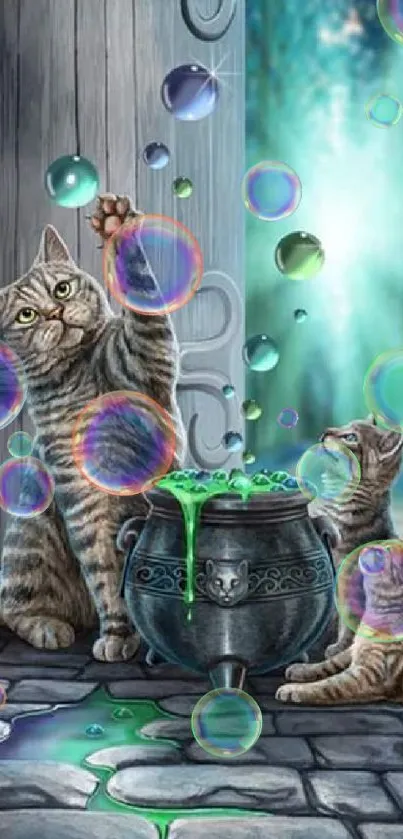 Whimsical cats with a cauldron and bubbles in a fantasy scene.