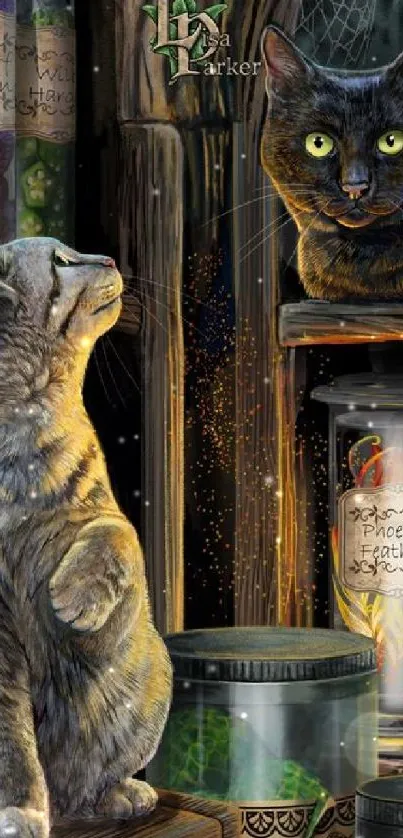 Illustration of two cats in a whimsical potion shop with jars and magical elements.