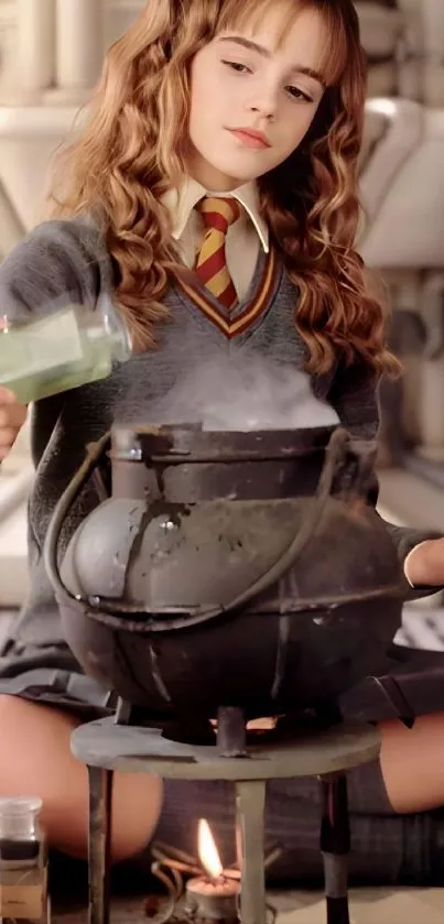 Character brewing potion in a cauldron with school uniform in a mystical setting.