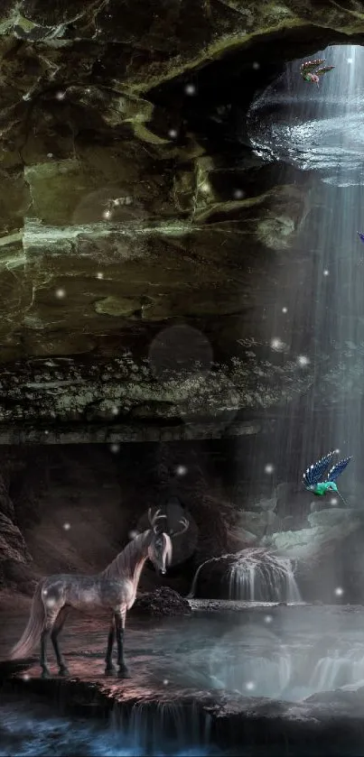 Magical cave scene with waterfall and fantasy creatures.