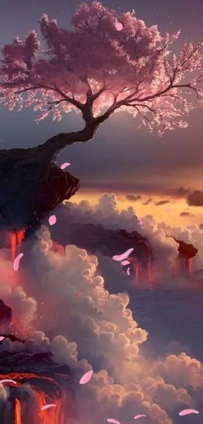 Cherry blossom tree on a mystical cliff with vibrant clouds.